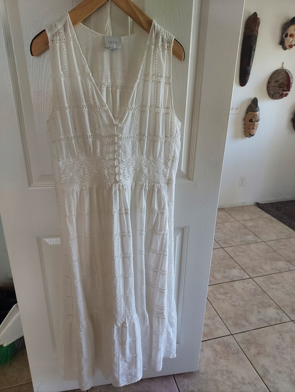 Johnny Was Jade Collection Crochet and Cotton Wht midi Dress - Sleeveless V-Neck